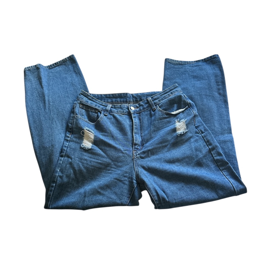 High-waisted straight leg distressed blue jeans size L (31x30)